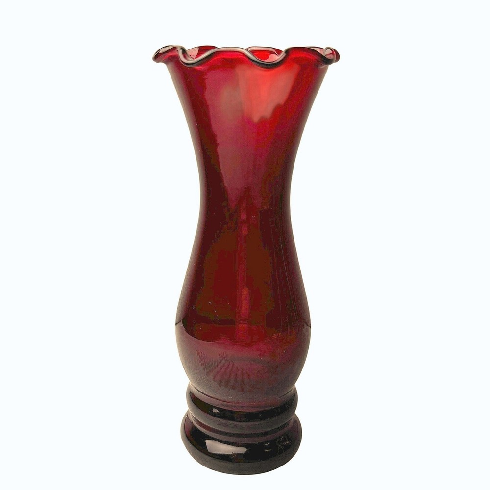 Vintage Anchor Hocking Royal Ruby Red Glass Bud Vase 6" Ruffled Rim MCM Holiday